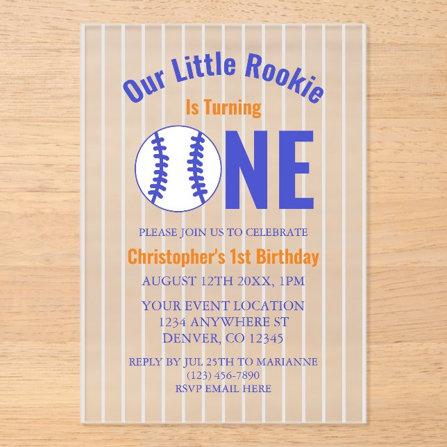 Rookie Baseball 1st Birthday Acrylic Invitations (Front)