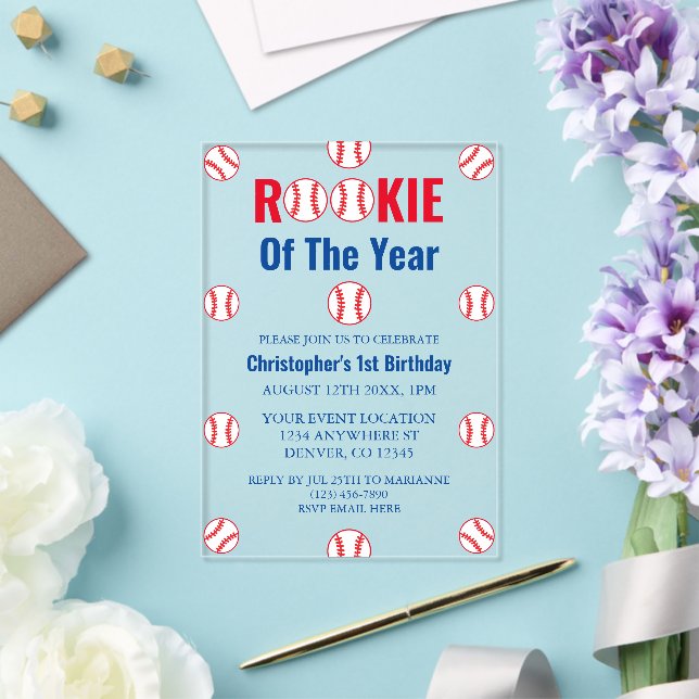 Rookie Baseball 1st Birthday Acrylic Invitations (Insitu (Wedding))