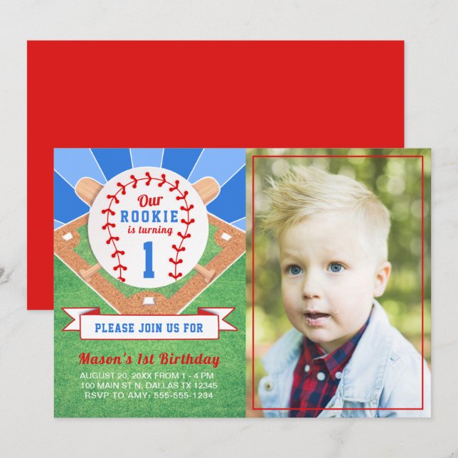 Rookie Baseball 1st Birthday Photo Invitation (Front/Back)