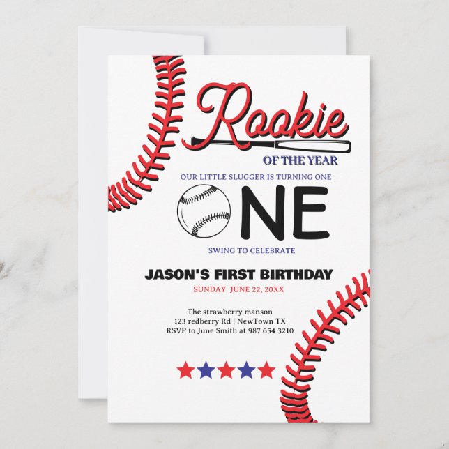 Rookie baseball kid's first birthday card (Front)