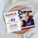 Rookie of the Year 1st Birthday Baseball Invitation<br><div class="desc">Looking for the perfect way to celebrate your little slugger's big day? Our "Rookie of the Year" first birthday invitation is the perfect choice! This baseball-themed invitation features a classic red and blue colour scheme and includes a personalized photo of your little one in their favourite baseball gear. The front...</div>