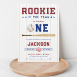 Rookie of the Year 1st Birthday Baseball Invitation<br><div class="desc">Get ready to celebrate your little slugger's big day with our "Rookie of the Year" first birthday invitation! This baseball-themed invitation features a classic red and blue colour scheme that is sure to impress all of your guests. The front of the invitation proudly displays "Our Little Slugger is Turning 1!"...</div>