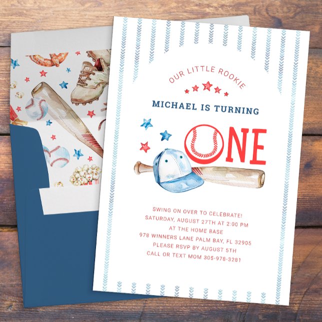 Rookie of the Year 1st Birthday Baseball Party Invitation (1st Birthday Party Invite - Baseball Themed)