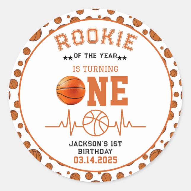 Rookie of the Year 1st Birthday Basketball  Classic Round Sticker (Front)