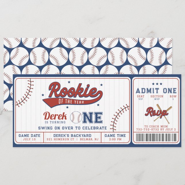 Rookie of the Year 1st Birthday Ticket Invitation (Front/Back)