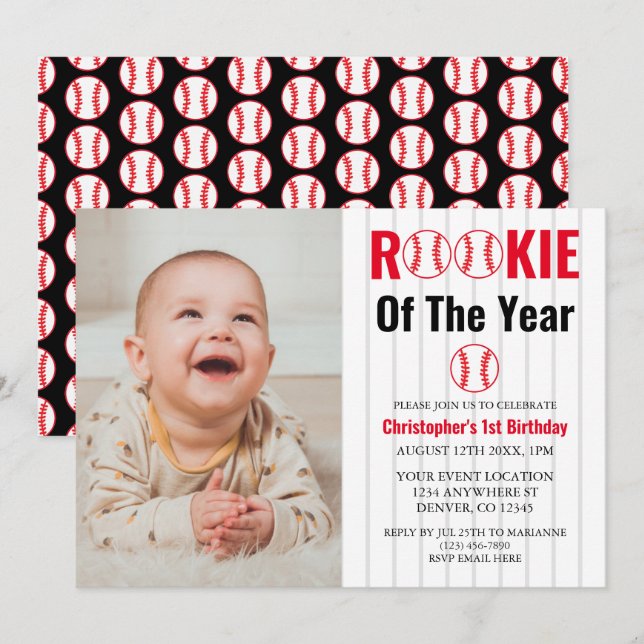 Rookie Of The Year Baseball 1st Birthday Invitation (Front/Back)