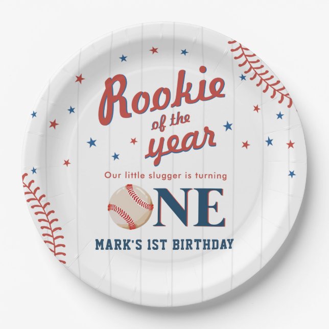 Rookie of the Year Baseball 1st Birthday Party Paper Plate (Front)