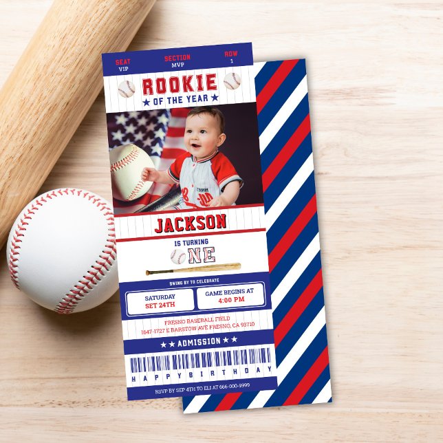 Rookie of the Year Baseball 1st Birthday Ticket Invitation (rookie of the year 1st birthday party ticket invitation)