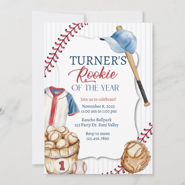 Rookie of the Year, Baseball Birthday, One  Invitation (Front)