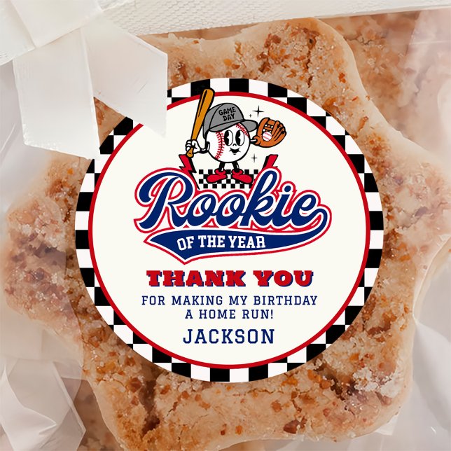 Rookie Of The Year Baseball Custom Birthday Party Classic Round Sticker (Creator Uploaded)