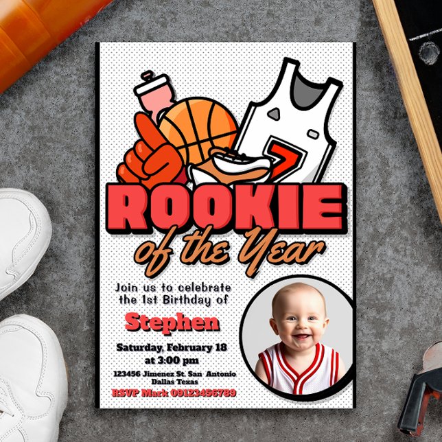 Rookie of the Year - Boy First Birthday Basketball Invitation (Rookie of the Year - Boy First Birthday Basketball Invitation with Photo Picture)