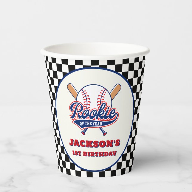 Rookie Of The Year Personalized Baseball Birthday Paper Cups (Front)