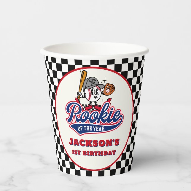 Rookie Of The Year Personalized Baseball Birthday Paper Cups (Front)