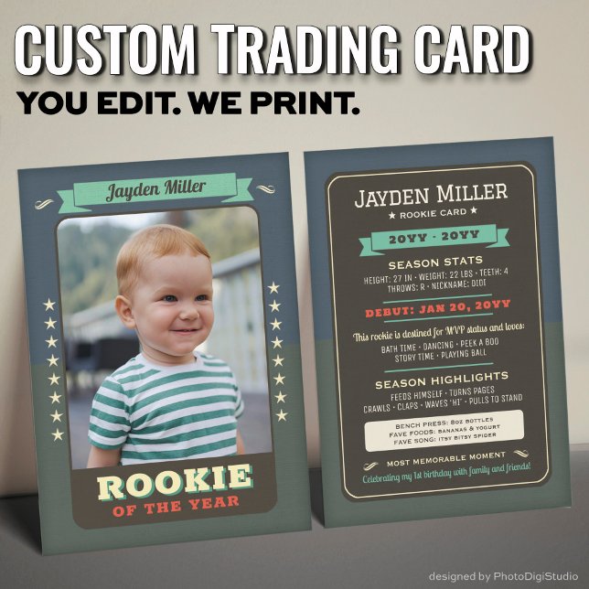 Rookie Year Baseball 1st Birthday Trading Card (Custom Rookie Trading Card, First Birthday Retro Rookie Card)