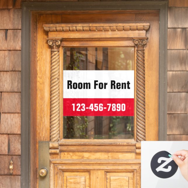 Room For Rent Red Black and White Phone Number Window Cling (Home Door)