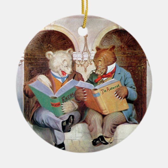 Roosevelt Bears at the Public Library Ceramic Ornament (Front)