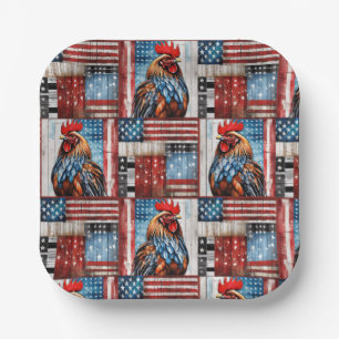 Rooster American Flag Folk art Paper Plate