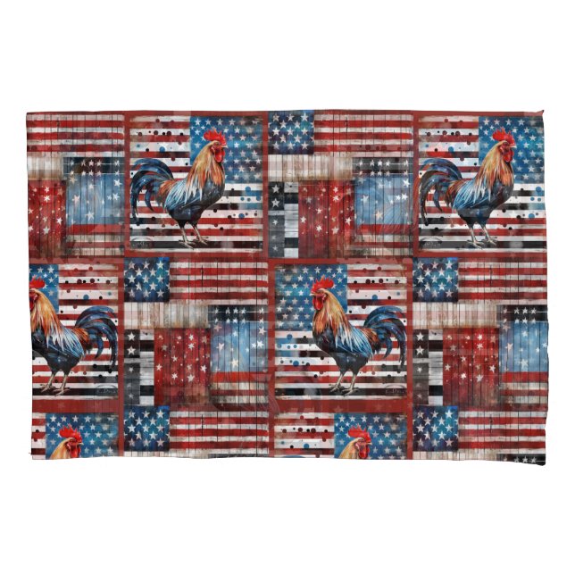 Rooster American Flag Folk art quilt Pillowcase (Front)