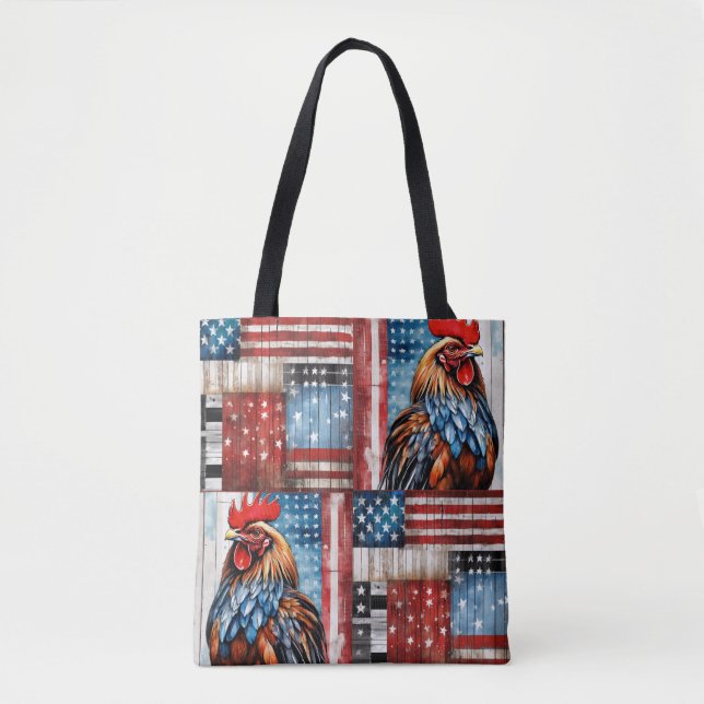Rooster American Flag Folk art Tote Bag (Front)
