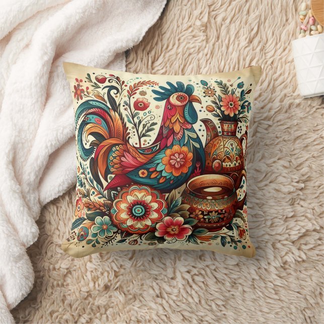 Rooster among bright flowers throw pillow (Blanket)