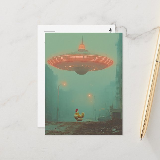 Rooster and a UFO Postcard (Front/Back In Situ)