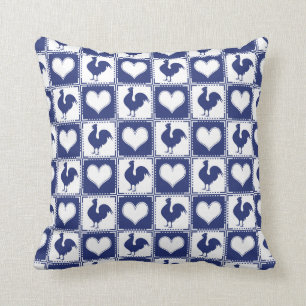 Rooster and Hearts Blue and White Farm Country Throw Pillow