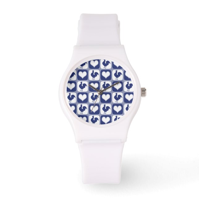 Rooster and Hearts Blue and White Farm Country Watch (Front)