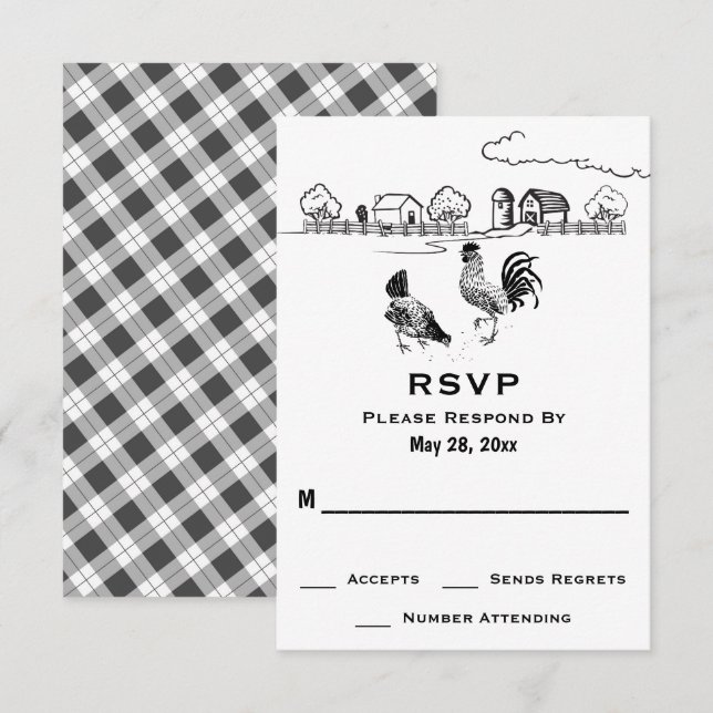 Rooster and Hen Chicken Country Farm Wedding RSVP Card (Front/Back)