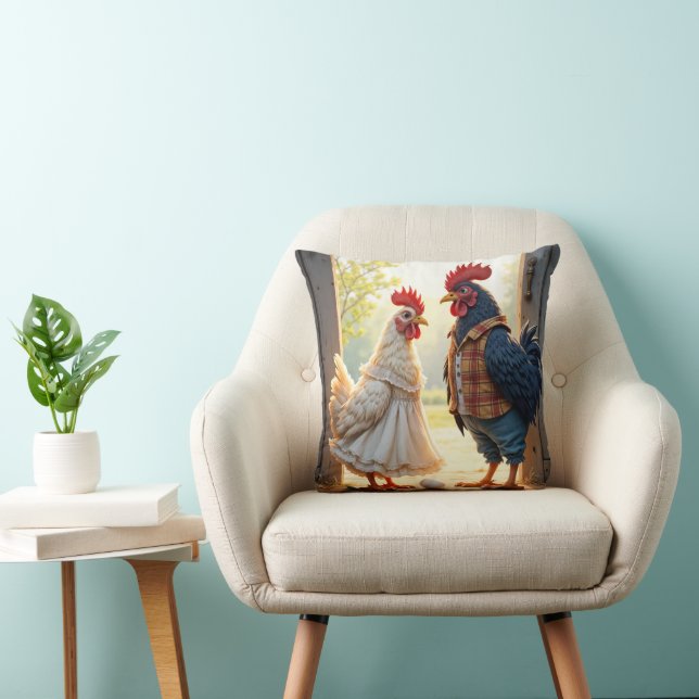 Rooster and Hen Humour Throw Pillow (Chair)