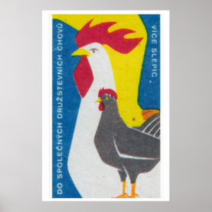Rooster and Hen Matchbox Art Print, Czech Vintage Poster
