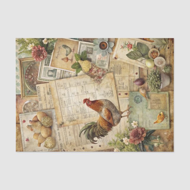Rooster and Hen Vintage Illustrated Decoupage Tissue Paper (Front)