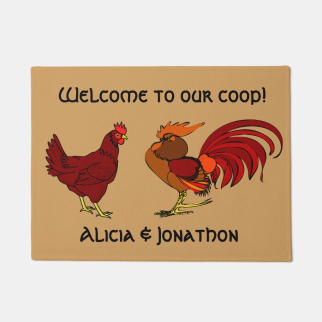 Rooster and hen "Welcome to our coop" Doormat (Front)