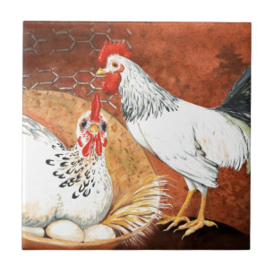 Rooster and Hen with eggs on the Nest Handpainted Tile