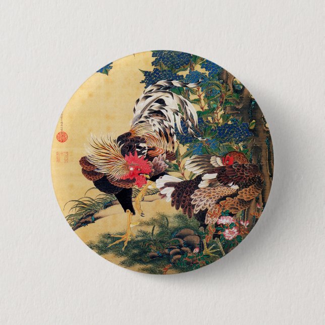 Rooster and Hen with Hydrangeas by Ito Jakuchu 2 Inch Round Button (Front)
