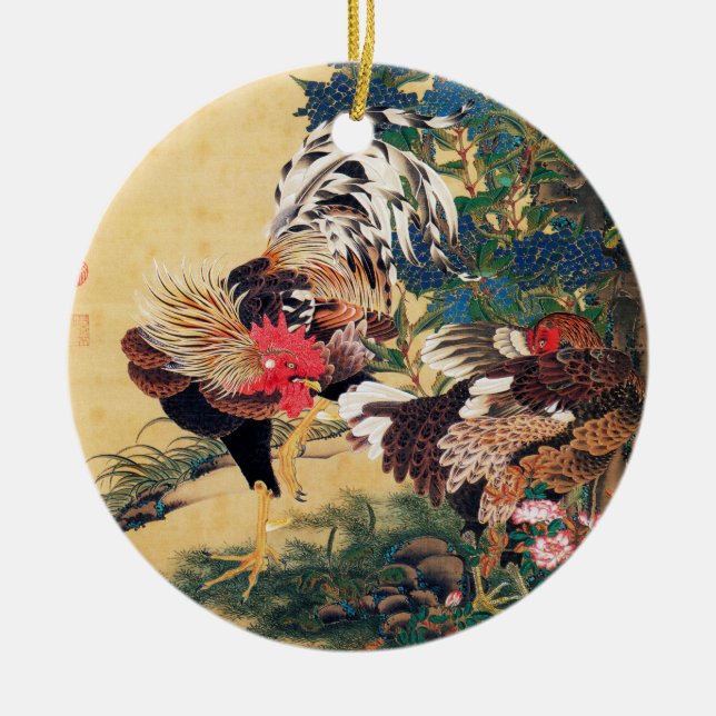 Rooster and Hen with Hydrangeas by Ito Jakuchu Ceramic Ornament (Front)