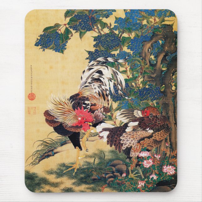 Rooster and Hen with Hydrangeas by Ito Jakuchu Mouse Pad (Front)