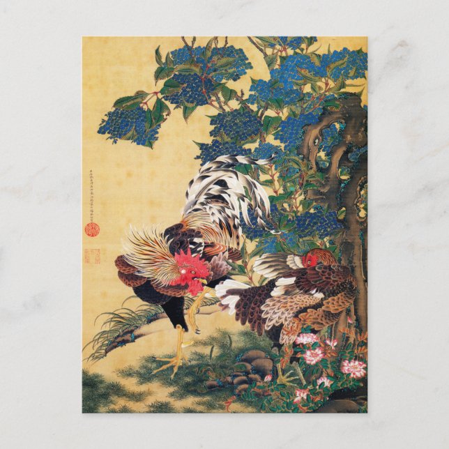 Rooster and Hen with Hydrangeas by Ito Jakuchu Postcard (Front)