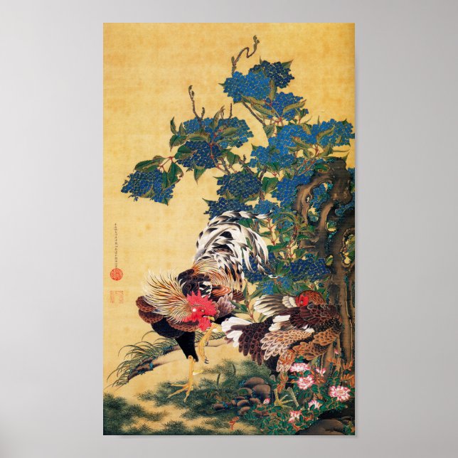 Rooster and Hen with Hydrangeas by Ito Jakuchu Poster (Front)