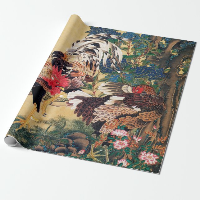 Rooster and Hen with Hydrangeas by Ito Jakuchu Wrapping Paper (Unrolled)