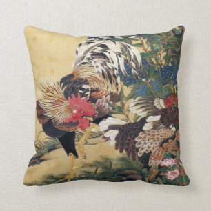 Rooster and Hen with Hydrangeas Throw Pillow