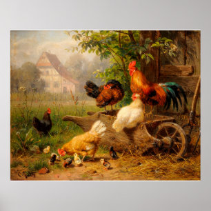Rooster and Hens Carl Jutz Digital Elaboration Poster