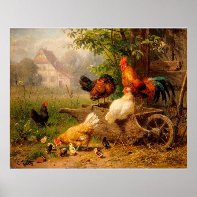 Rooster and Hens Carl Jutz Digital Elaboration Poster (Front)