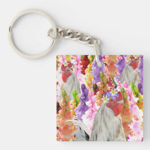 Rooster And Hollyhock Flowers, Keychain