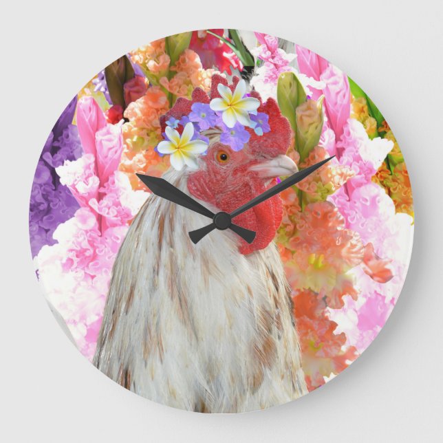 Rooster And Hollyhock Flowers, Large Clock (Front)