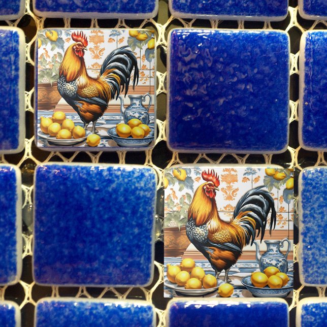 Rooster and Lemons Azulejo Style Blue Orange Cream Tile (Creator Uploaded)