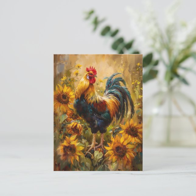 Rooster and Sunflowers Oil Painting Postcard (Standing Front)