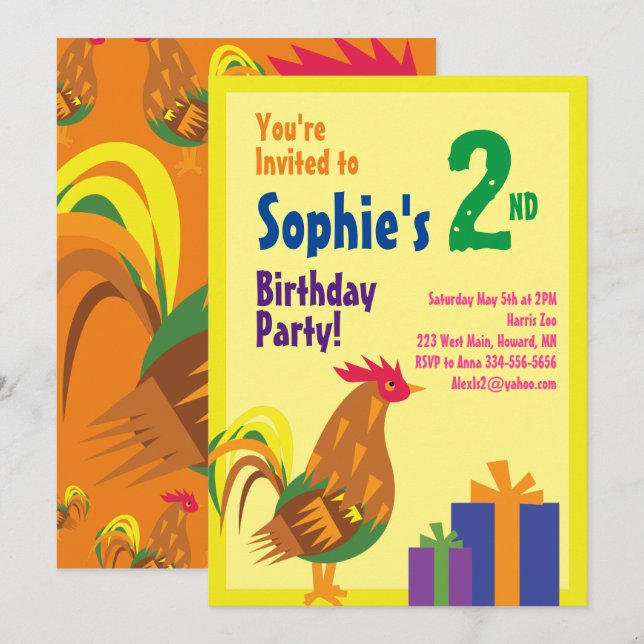 Rooster Animal Kid's Birthday Party Invitations (Front/Back)