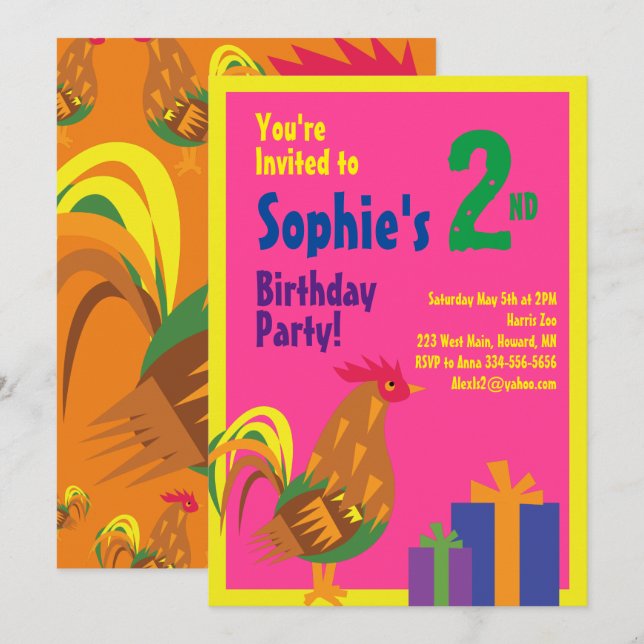Rooster Animal Kid's Birthday Party Invitations (Front/Back)