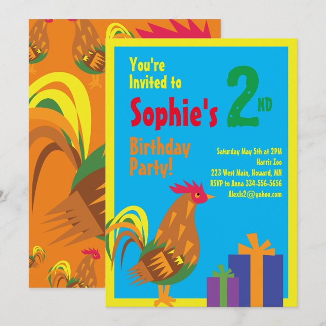 Rooster Animal Kid's Birthday Party Invitations (Front/Back)