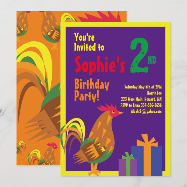 Rooster Animal Kid's Birthday Party Invitations (Front/Back)